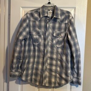 Fossil men’s blue plaid long sleeve pearl snap western shirt size large